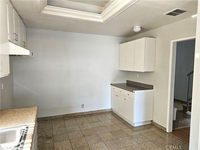 6801 Mammoth Ave Unit 6, Van Nuys, CA 91405 - kitchen featuring a raised ceiling, granite floors, white cabinetry, under cabinet range hood, and ornamental molding
