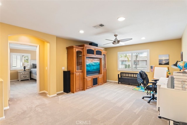 40433 Wgasa Pl, Temecula, CA 92591 - office area with a ceiling fan, arched walkways, light carpet, and recessed lighting