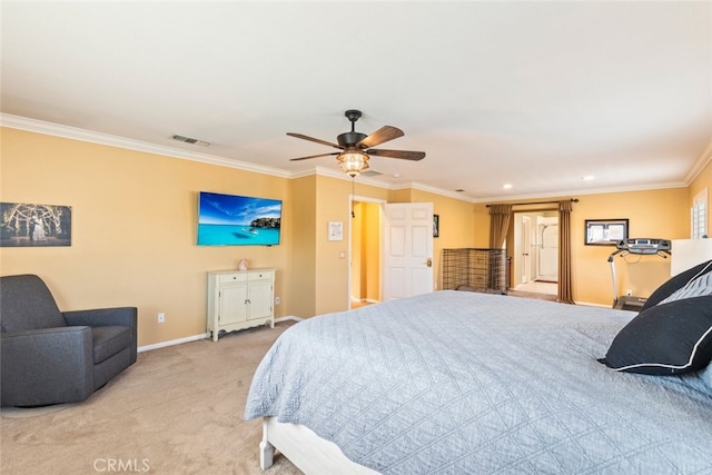 40433 Wgasa Pl, Temecula, CA 92591 - bedroom featuring light colored carpet, ornamental molding, recessed lighting, and a ceiling fan