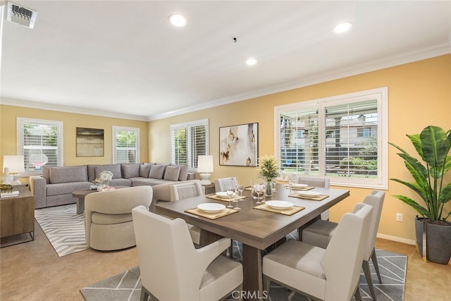 40433 Wgasa Pl, Temecula, CA 92591 - dining room featuring light carpet, ornamental molding, and recessed lighting