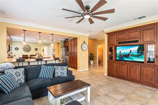 40433 Wgasa Pl, Temecula, CA 92591 - living room featuring a ceiling fan, crown molding, and recessed lighting