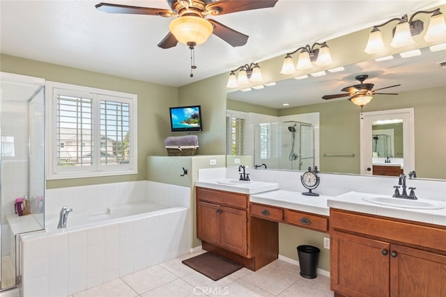 40433 Wgasa Pl, Temecula, CA 92591 - bathroom with ceiling fan, a stall shower, tile patterned floors, and double vanity