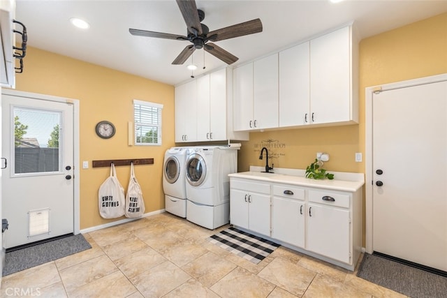 40433 Wgasa Pl, Temecula, CA 92591 - washroom with washing machine and dryer, cabinet space, ceiling fan, and recessed lighting