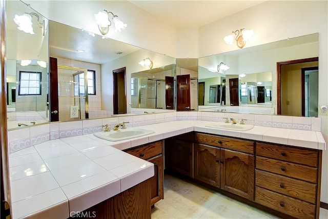 6735 Calais Ct, Riverside, CA 92506 - full bathroom featuring a stall shower, double vanity, and tile patterned floors