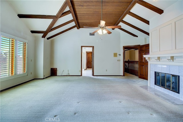 6735 Calais Ct, Riverside, CA 92506 - unfurnished living room with light colored carpet, a ceiling fan, and a tiled fireplace