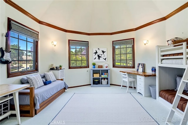 6735 Calais Ct, Riverside, CA 92506 - carpeted bedroom with ornamental molding, a desk, and high vaulted ceiling