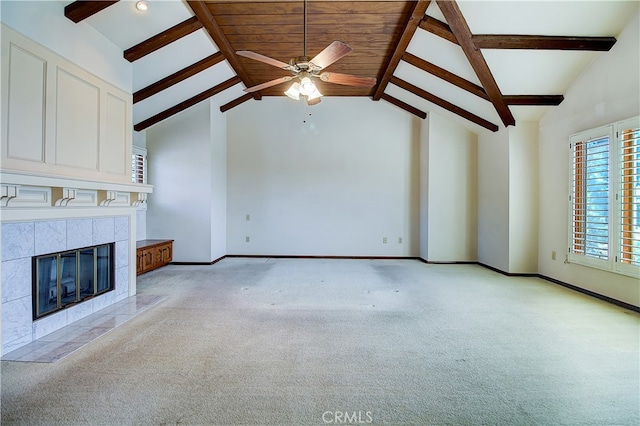 6735 Calais Ct, Riverside, CA 92506 - unfurnished living room with light colored carpet, ceiling fan, and a tile fireplace