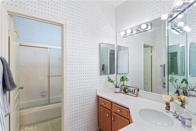 32244 Corte Coronado, Temecula, CA 92592 - bathroom featuring wallpapered walls, bath / shower combo with glass door, and vanity
