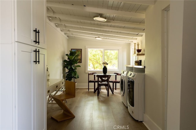 814 E Foothill Blvd, Monrovia, CA 91016 - washroom with independent washer and dryer, light wood-style floors, wooden ceiling, and cabinet space