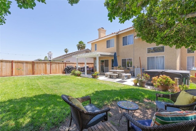 13100 Red Corral Dr, Corona, CA 92883 - rear view of property with a hot tub, a pergola, a chimney, stucco siding, and a patio