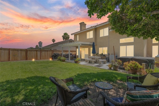 13100 Red Corral Dr, Corona, CA 92883 - rear view of property with a hot tub, a pergola, a fenced backyard, a chimney, and stucco siding