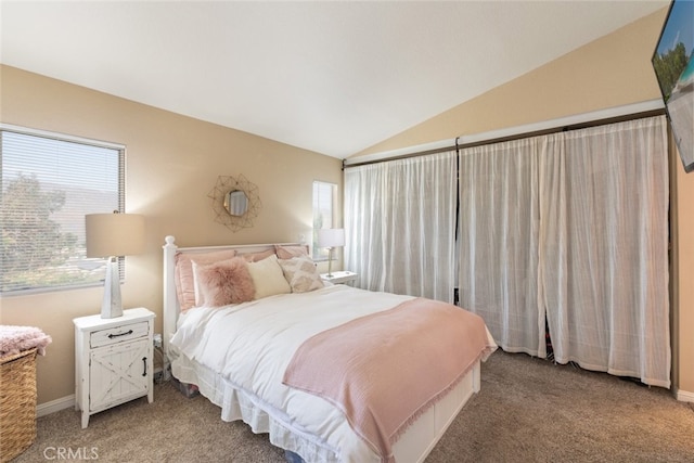 13100 Red Corral Dr, Corona, CA 92883 - bedroom featuring light carpet, multiple windows, and vaulted ceiling
