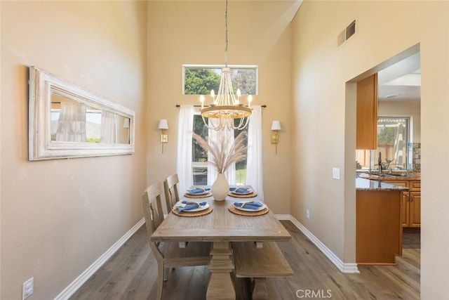 13100 Red Corral Dr, Corona, CA 92883 - dining room featuring a chandelier, a towering ceiling, wood finished floors, and healthy amount of natural light