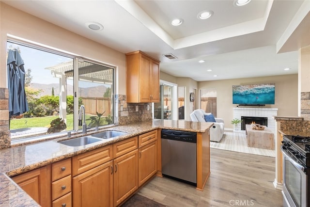 13100 Red Corral Dr, Corona, CA 92883 - kitchen featuring appliances with stainless steel finishes, a fireplace, light wood finished floors, tasteful backsplash, and recessed lighting