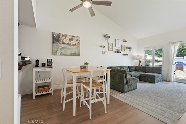 1103 Stone Pine Ln Unit C, Corona, CA 92879 - dining area featuring wood finished floors, ceiling fan, and high vaulted ceiling
