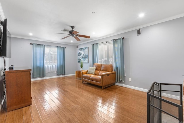 9915 Jacoby Rd, Spring Valley, CA 91977 - sitting room with a ceiling fan, light wood-type flooring, crown molding, and recessed lighting