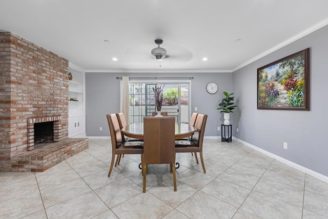 9915 Jacoby Rd, Spring Valley, CA 91977 - dining area with light tile patterned floors, crown molding, a ceiling fan, a fireplace, and recessed lighting