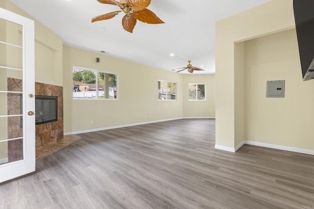 9915 Jacoby Rd, Spring Valley, CA 91977 - unfurnished living room with a ceiling fan, wood finished floors, a fireplace, and recessed lighting