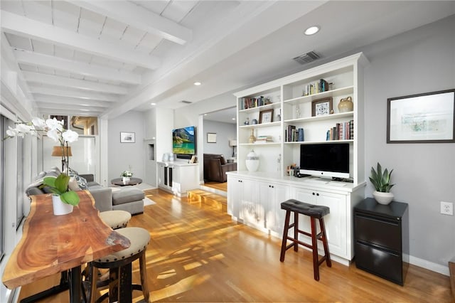 365 N Ivy Ave, Monrovia, CA 91016 - living room featuring beamed ceiling, light wood-type flooring, and recessed lighting