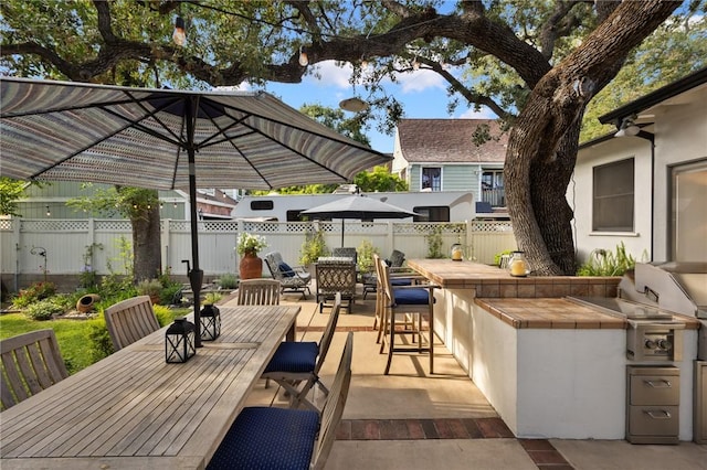 365 N Ivy Ave, Monrovia, CA 91016 - fenced backyard featuring outdoor dining space, a patio, and an outdoor kitchen