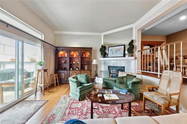 410 N Broadway Unit C, Redondo Beach, CA 90277 - living room with wood finished floors, crown molding, and a fireplace