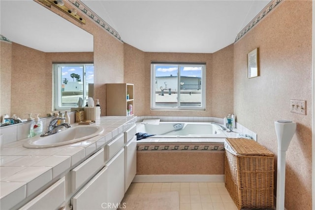 410 N Broadway Unit C, Redondo Beach, CA 90277 - bathroom featuring healthy amount of natural light, vanity, a bath, tile patterned flooring, and vaulted ceiling
