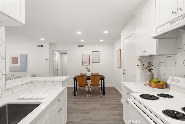 4210 Via Arbolada Unit 105, Los Angeles, CA 90042 - kitchen featuring white electric range oven, under cabinet range hood, light wood-style floors, recessed lighting, and white cabinets