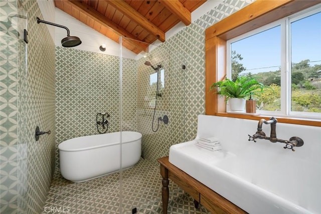 1186 Ramblin Rose Way, Arroyo Grande, CA 93420 - full bath with tiled shower, a wooden ceiling with exposed beams, a freestanding bath, and wallpapered walls