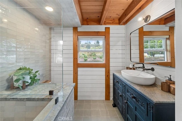 1186 Ramblin Rose Way, Arroyo Grande, CA 93420 - bathroom featuring vanity, tile patterned floors, and a wood ceiling with exposed beams