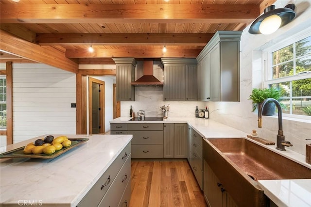 1186 Ramblin Rose Way, Arroyo Grande, CA 93420 - kitchen with gray cabinetry, a wood ceiling with exposed beams, light wood-type flooring, wall chimney exhaust hood, and decorative backsplash