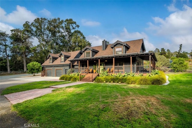 1186 Ramblin Rose Way, Arroyo Grande, CA 93420 - log cabin with concrete driveway, a chimney, covered porch, and a front lawn