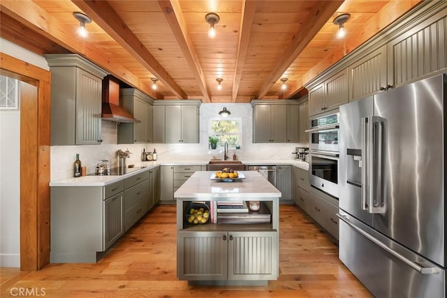 1186 Ramblin Rose Way, Arroyo Grande, CA 93420 - kitchen featuring stainless steel appliances, wall chimney exhaust hood, backsplash, gray cabinets, and a wooden ceiling with exposed beams