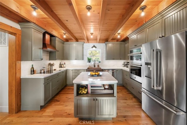 1186 Ramblin Rose Way, Arroyo Grande, CA 93420 - kitchen with stainless steel appliances, wall chimney range hood, backsplash, gray cabinetry, and a wooden ceiling with exposed beams