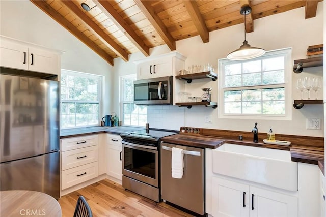 1186 Ramblin Rose Way, Arroyo Grande, CA 93420 - kitchen featuring stainless steel appliances, wooden ceiling, open shelves, light wood finished floors, and white cabinetry