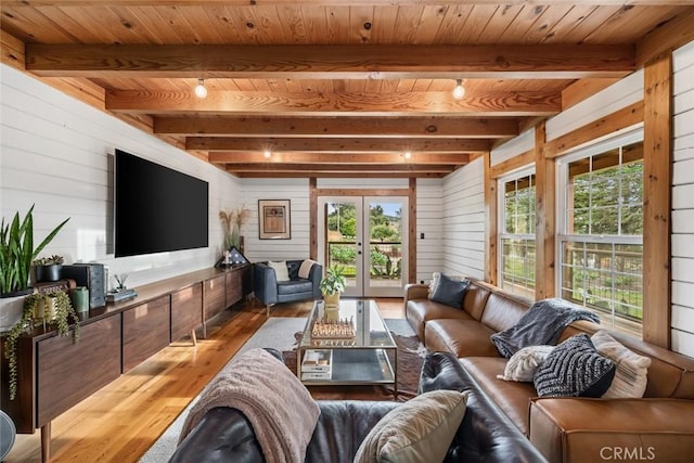 1186 Ramblin Rose Way, Arroyo Grande, CA 93420 - living area with wooden walls, healthy amount of natural light, wood finished floors, and a wood ceiling with exposed beams