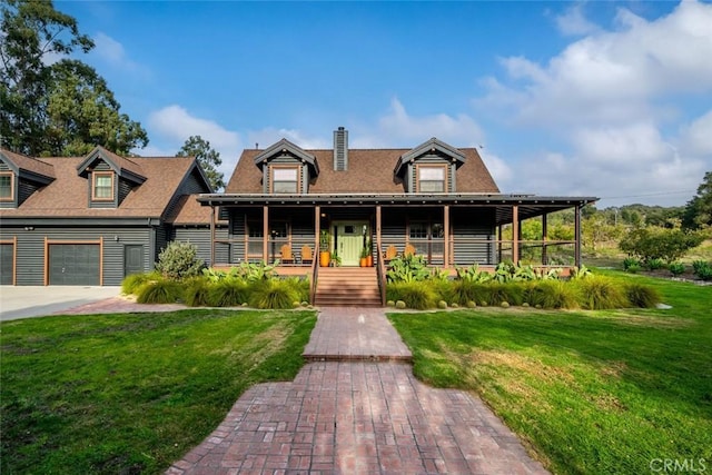 1186 Ramblin Rose Way, Arroyo Grande, CA 93420 - log-style house featuring covered porch, a front lawn, a chimney, and a garage