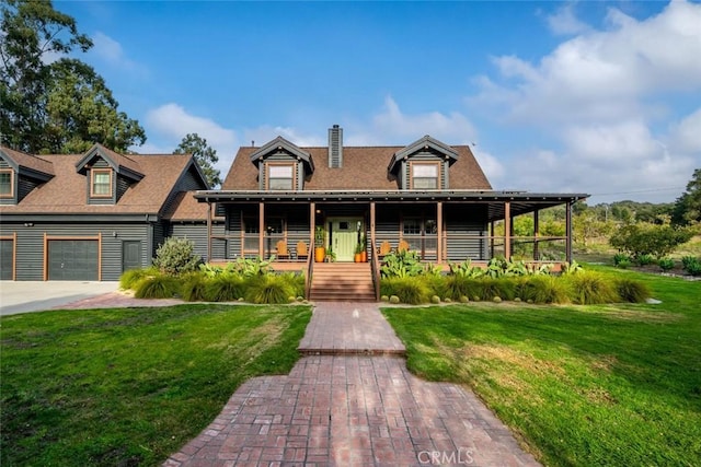 1186 Ramblin Rose Way, Arroyo Grande, CA 93420 - cabin featuring covered porch, a front lawn, a chimney, and a garage