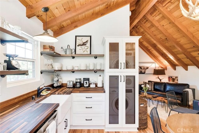 1186 Ramblin Rose Way, Arroyo Grande, CA 93420 - kitchen featuring wood ceiling, wood counters, white cabinets, glass insert cabinets, and light wood-type flooring