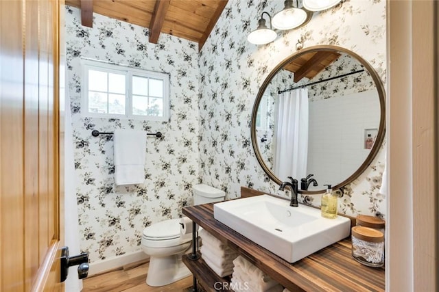 1186 Ramblin Rose Way, Arroyo Grande, CA 93420 - bathroom with wallpapered walls, wood finished floors, wood ceiling, vanity, and curtained shower
