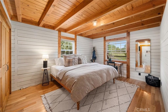 1186 Ramblin Rose Way, Arroyo Grande, CA 93420 - bedroom with hardwood / wood-style flooring, wooden walls, and a wooden ceiling with exposed beams