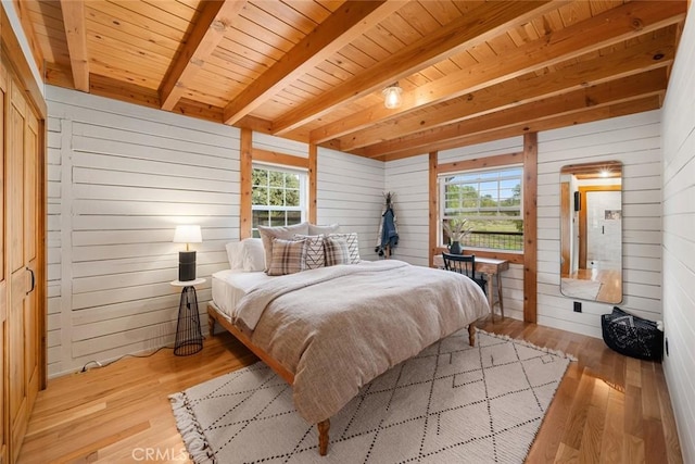 1186 Ramblin Rose Way, Arroyo Grande, CA 93420 - bedroom with hardwood / wood-style flooring, wooden walls, and a wood ceiling with exposed beams