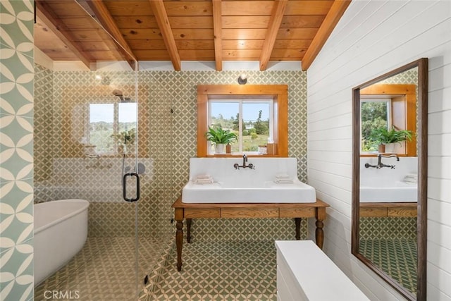 1186 Ramblin Rose Way, Arroyo Grande, CA 93420 - full bath featuring a wooden ceiling with exposed beams, a soaking tub, and a shower stall
