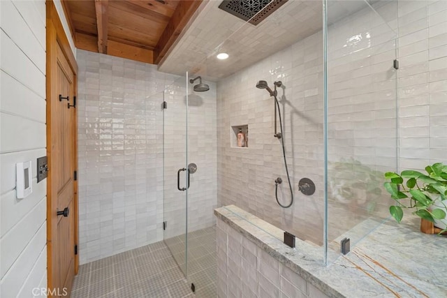 1186 Ramblin Rose Way, Arroyo Grande, CA 93420 - full bathroom featuring a stall shower, wooden ceiling, tile walls, and tile patterned floors
