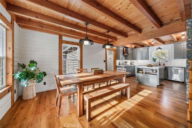 1186 Ramblin Rose Way, Arroyo Grande, CA 93420 - dining area featuring wood walls, light wood-type flooring, and a wood ceiling with exposed beams