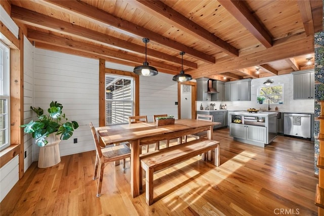 1186 Ramblin Rose Way, Arroyo Grande, CA 93420 - dining space with light wood-style flooring, wooden walls, and a wooden ceiling with exposed beams