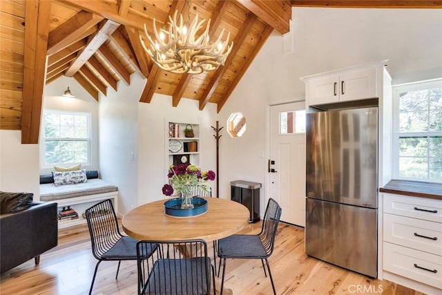 1186 Ramblin Rose Way, Arroyo Grande, CA 93420 - dining room with light wood finished floors, a chandelier, high vaulted ceiling, and a wood ceiling with exposed beams