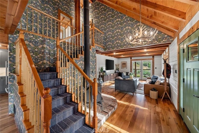 1186 Ramblin Rose Way, Arroyo Grande, CA 93420 - stairway featuring hardwood / wood-style flooring, a chandelier, high vaulted ceiling, and a wood ceiling with exposed beams