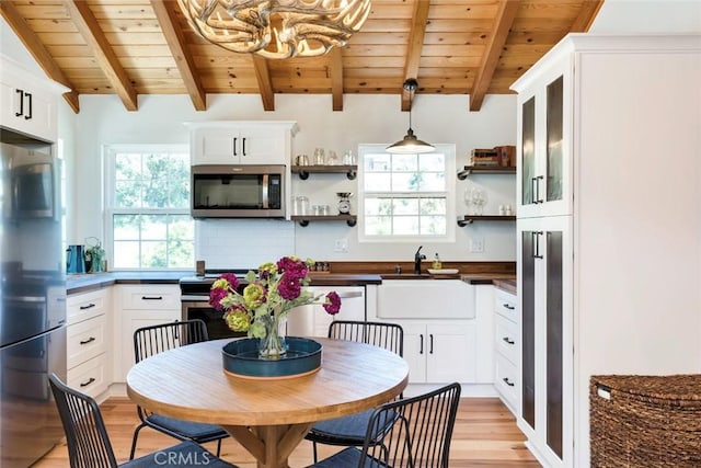 1186 Ramblin Rose Way, Arroyo Grande, CA 93420 - kitchen featuring appliances with stainless steel finishes, wood ceiling, open shelves, light wood-style flooring, and plenty of natural light
