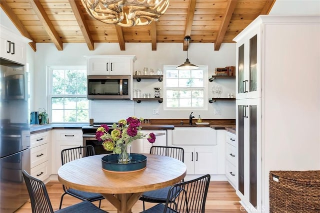 1186 Ramblin Rose Way, Arroyo Grande, CA 93420 - kitchen featuring appliances with stainless steel finishes, wooden ceiling, open shelves, light wood-type flooring, and healthy amount of natural light
