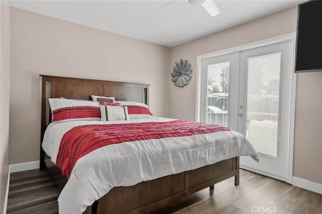 1954 Shipway Ave, Long Beach, CA 90815 - bedroom featuring access to exterior, wood finished floors, ceiling fan, and french doors